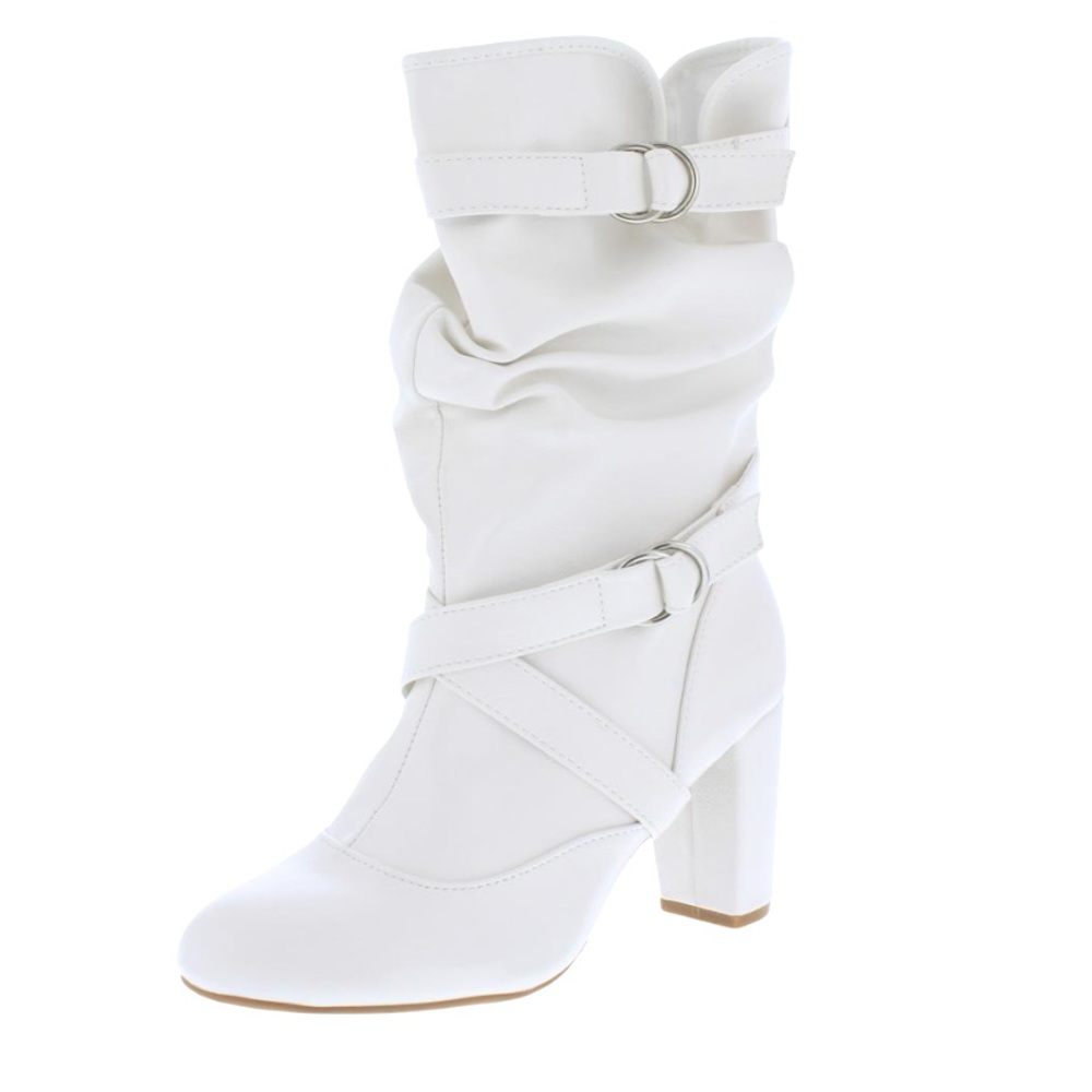 White Vegan Leather Double Strapped Slouch Boots